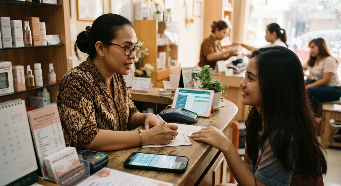Pemilik bisnis melayani pelanggan di depan sementara chat baru terus masuk